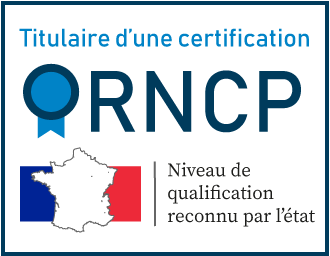 Il s'agit du logo RNCP qui est un logo rectangulaire sur lequel il est écrit RNCP à coté d'un macaron bleu et la carte de France en dessous avec le drapeau bleu blanc rouge.
